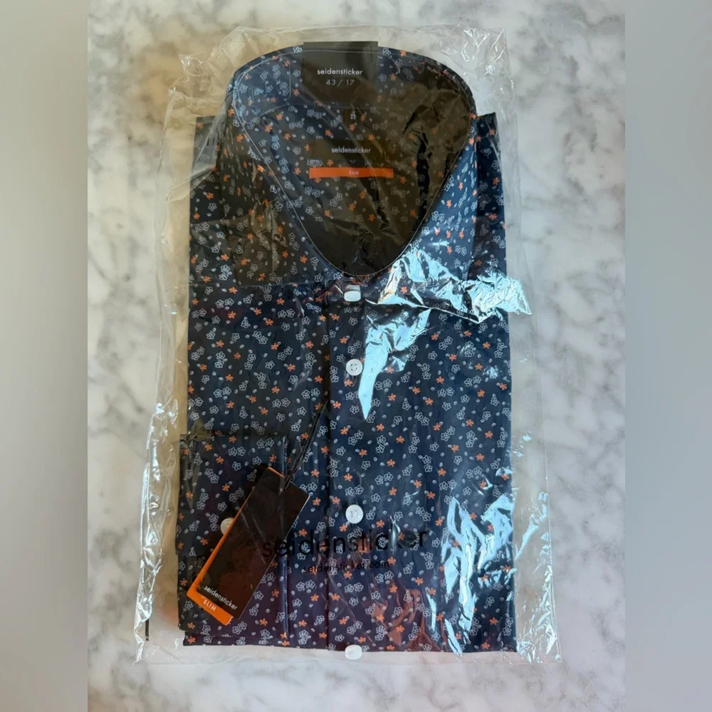 Men's Siedensticker Navy Floral Print Dress Button-Up Shirt 43/17 Extra Large